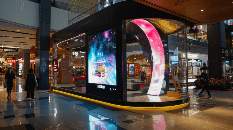 Bild eines digitalen Banners in der Eingangshalle des Einkaufszentrums.