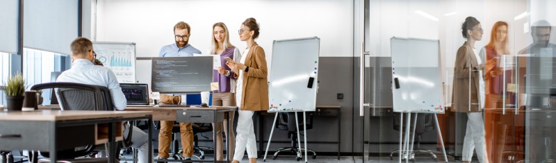 Das Team bespricht ein Thema im Büro des Entwicklers.