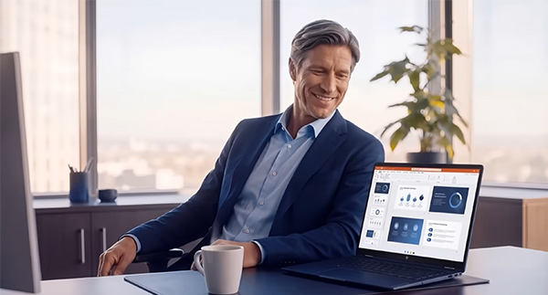 Er sitzt an einem Laptop.