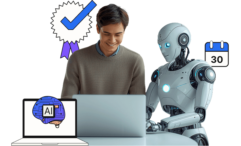 Ein Mann arbeitet zusammen mit einem Roboter an einem Laptop
