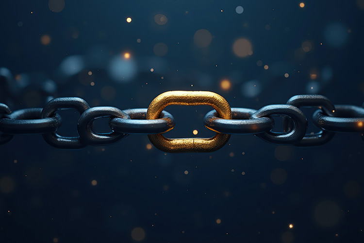 A close-up of a chain featuring a single prominent golden link among the metal links.
