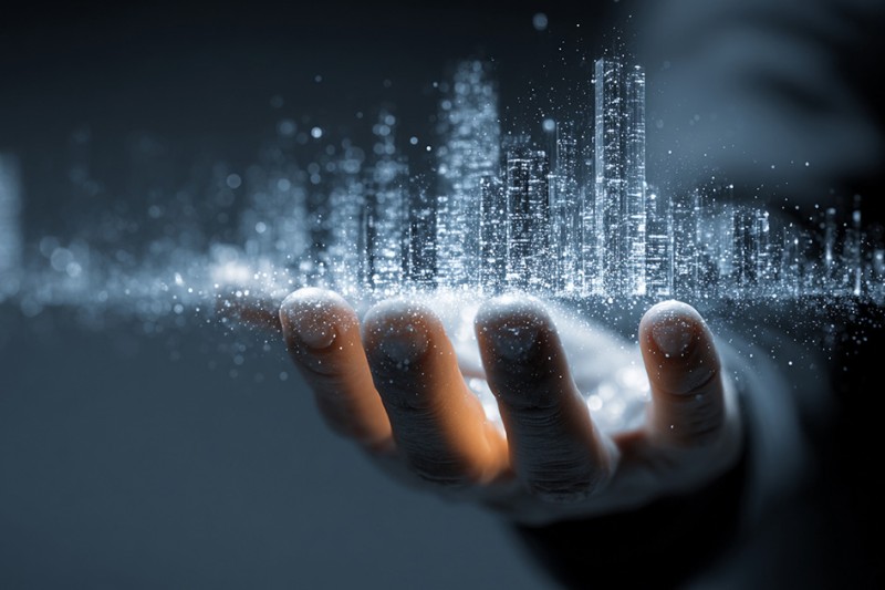 A hand extends upward, holding a glowing, holographic cityscape. The scene conveys a futuristic, technological ambiance with sparkling light effects.