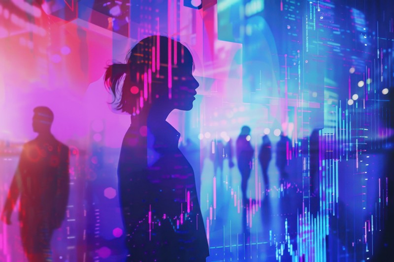 Silhouettes of people overlaid with neon blue and pink digital data visuals, creating a futuristic, tech-driven atmosphere. 