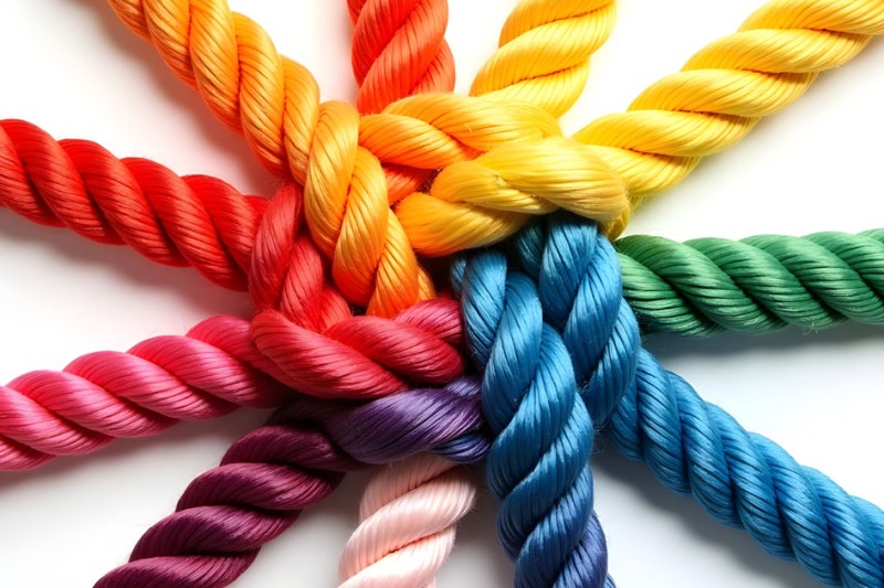 Brightly colored ropes interwoven in a circular pattern on a white background, featuring vivid hues including red, orange, yellow, green, blue, and purple.